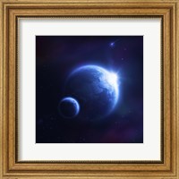 Framed Earth and moon in outer space with rising sun and flying meteorites