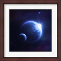 Framed Earth and moon in outer space with rising sun and flying meteorites