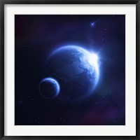 Framed Earth and moon in outer space with rising sun and flying meteorites