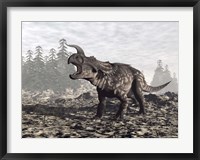 Framed Einiosaurus dinosaur roaring in nature