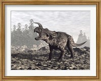 Framed Einiosaurus dinosaur roaring in nature