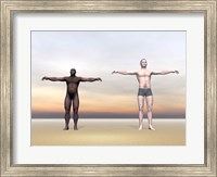 Framed Homo Erectus man next to modern human being