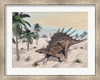 Framed Kentrosaurus dinosaurs walking in the desert among palm trees
