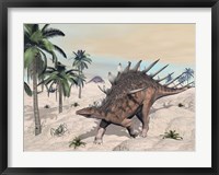 Framed Kentrosaurus dinosaurs walking in the desert among palm trees