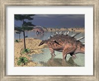 Framed Kentrosaurus dinosaurs walking in the water next to sand and trees
