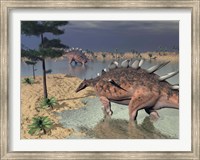 Framed Kentrosaurus dinosaurs walking in the water next to sand and trees