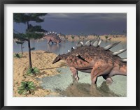 Kentrosaurus dinosaurs walking in the water next to sand and trees Framed Print