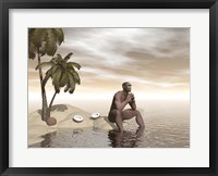 Framed Male Homo Erectus sitting alone on a beach island next to coconuts