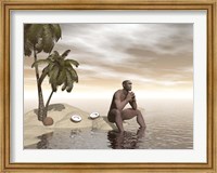 Framed Male Homo Erectus sitting alone on a beach island next to coconuts