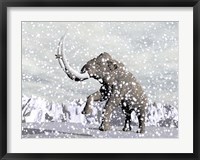 Framed Mammoth walking through a blizzard on mountain