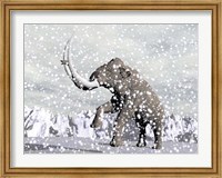 Framed Mammoth walking through a blizzard on mountain