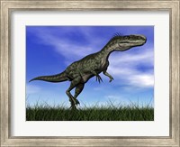 Framed Monolophosaurus dinosaur walking in the grass