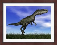 Framed Monolophosaurus dinosaur walking in the grass