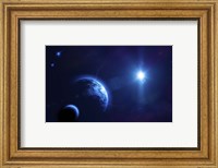 Framed Planet Earth and its moon in outer space