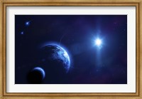 Framed Planet Earth and its moon in outer space