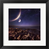 Framed Rising plantes hover over ocean and rocky shore against starry sky