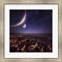 Framed Rising plantes hover over ocean and rocky shore against starry sky