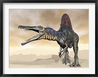 Framed Spinosaurus dinosaur roaring in the desert