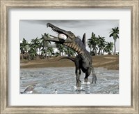 Framed Spinosaurus dinosaur walking in water and feeding on fish