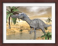 Framed Suchomimus dinosaur walking in the water in desert landscape