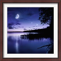 Framed Tranquil lake against starry sky, moon and falling meteorites, Russia