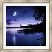 Framed Tranquil lake against starry sky, moon and falling meteorites, Russia