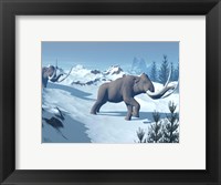 Framed Two large mammoths walking slowly on the snowy mountain