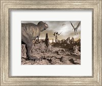 Framed Tyrannosaurus Rex dinosaur and Pteranodons on a rocky desert landscape
