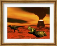 Framed Tyrannosaurus Rex dinosaurs struggle to survive from a volcanic eruption