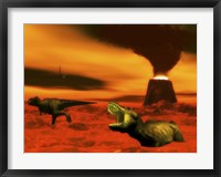 Framed Tyrannosaurus Rex dinosaurs struggle to survive from a volcanic eruption