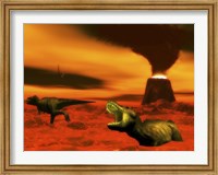 Framed Tyrannosaurus Rex dinosaurs struggle to survive from a volcanic eruption