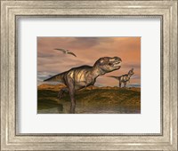 Framed Tyrannosaurus Rex dinosaurs with pteranodon bird flying above