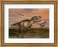 Framed Tyrannosaurus Rex dinosaurs with pteranodon bird flying above