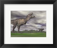 Framed Tyrannosaurus Rex growling as a fellow T-Rex runs away