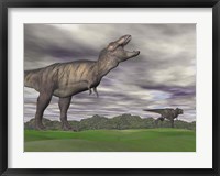 Framed Tyrannosaurus Rex growling as a fellow T-Rex runs away