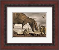 Framed Tyrannosaurus Rex roaring at two Triceratops on rocky terrain