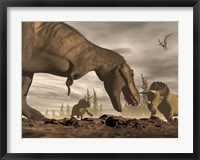Framed Tyrannosaurus Rex roaring at two Triceratops on rocky terrain