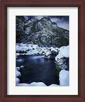 Framed river flowing through the snowy mountains of Ritsa Nature Reserve, Abkhazia