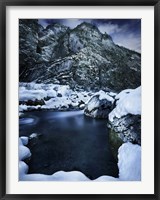 Framed river flowing through the snowy mountains of Ritsa Nature Reserve, Abkhazia