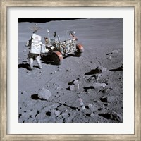 Framed Astronaut walking near the lunar rover on the moon, Apollo 16