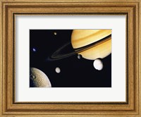 Framed Saturn and its Satellites.  Clockwise from right: Tethys, Mimas, Encleladus, Dione, Rhea & Titan