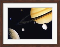 Framed Saturn and its Satellites.  Clockwise from right: Tethys, Mimas, Encleladus, Dione, Rhea & Titan