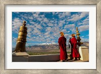 Framed Monks playing horns at sunrise, Thiksey Monastery, Leh, Ledakh, India