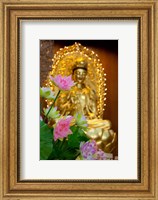 Framed Pink lotus flowers in front of gold statue, Kek Lok Si Temple, Island of Penang, Malaysia