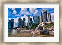 Framed Merlion, symbol of Singapore, and downtown skyline in Fullerton area of Clarke Quay.