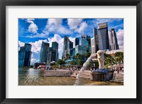 Framed Merlion, symbol of Singapore, and downtown skyline in Fullerton area of Clarke Quay.