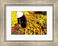 Framed Beautiful Graphic with Woman in Straw Hat and Colorful Flowers Vietnam Mekong Delta