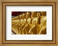 Framed Taiwan, Foukuangshan Temple, Standing gold-colored Buddha statues at a Buddhist shrine