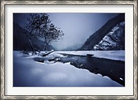 Framed Small river in the misty, snowy mountains of Ritsa Nature Reserve