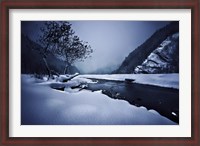 Framed Small river in the misty, snowy mountains of Ritsa Nature Reserve
